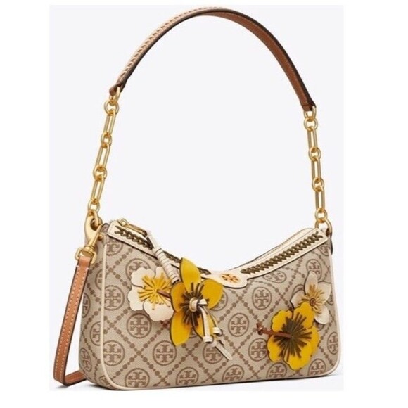 Tory Burch T Monogram Studio Shoulder Bag Hazelnut Floral Appliqué Crossbody NWT - Picture 2 of 6